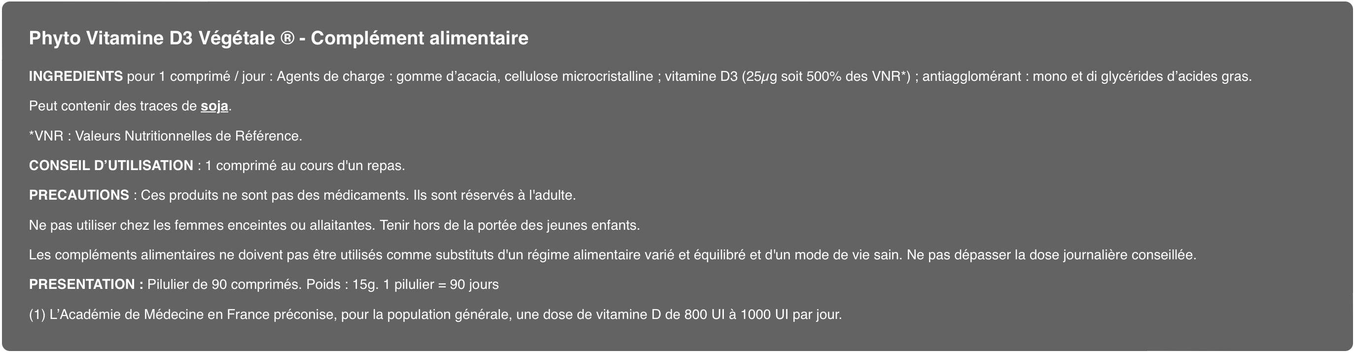 Vitamine D3 - mentions
